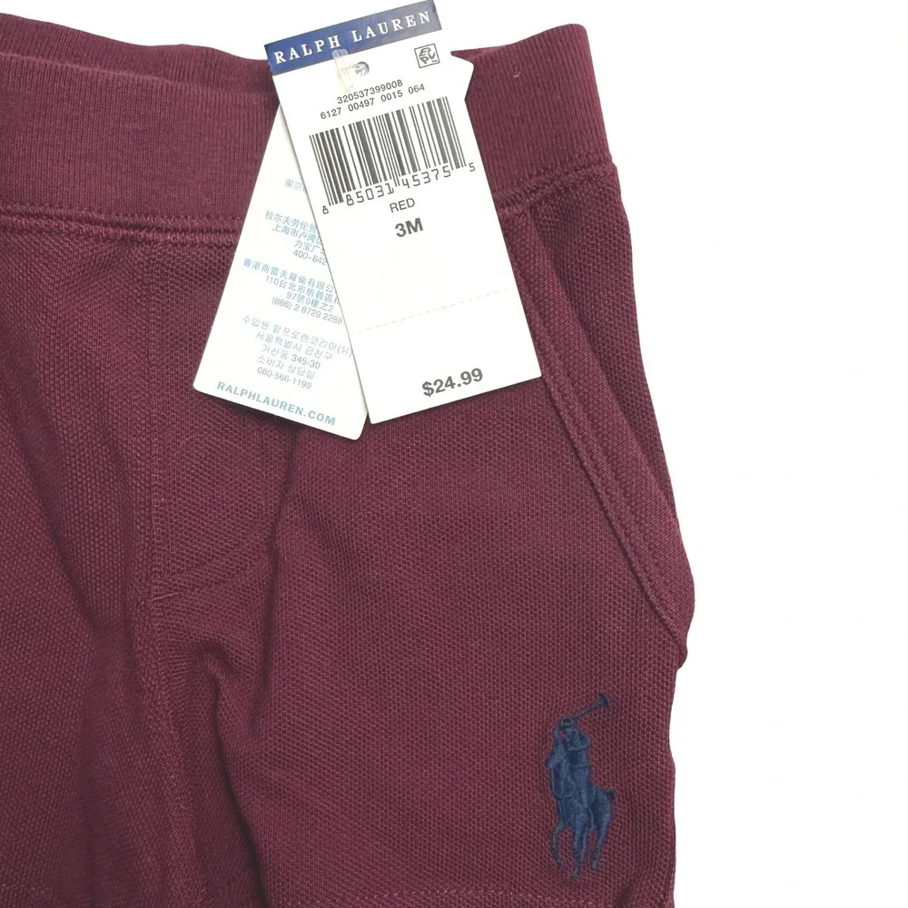 NWT Ralph Lauren Baby Boys Burgundy Red Mesh Cotton Polo Shorts 3M Navy Big Pony